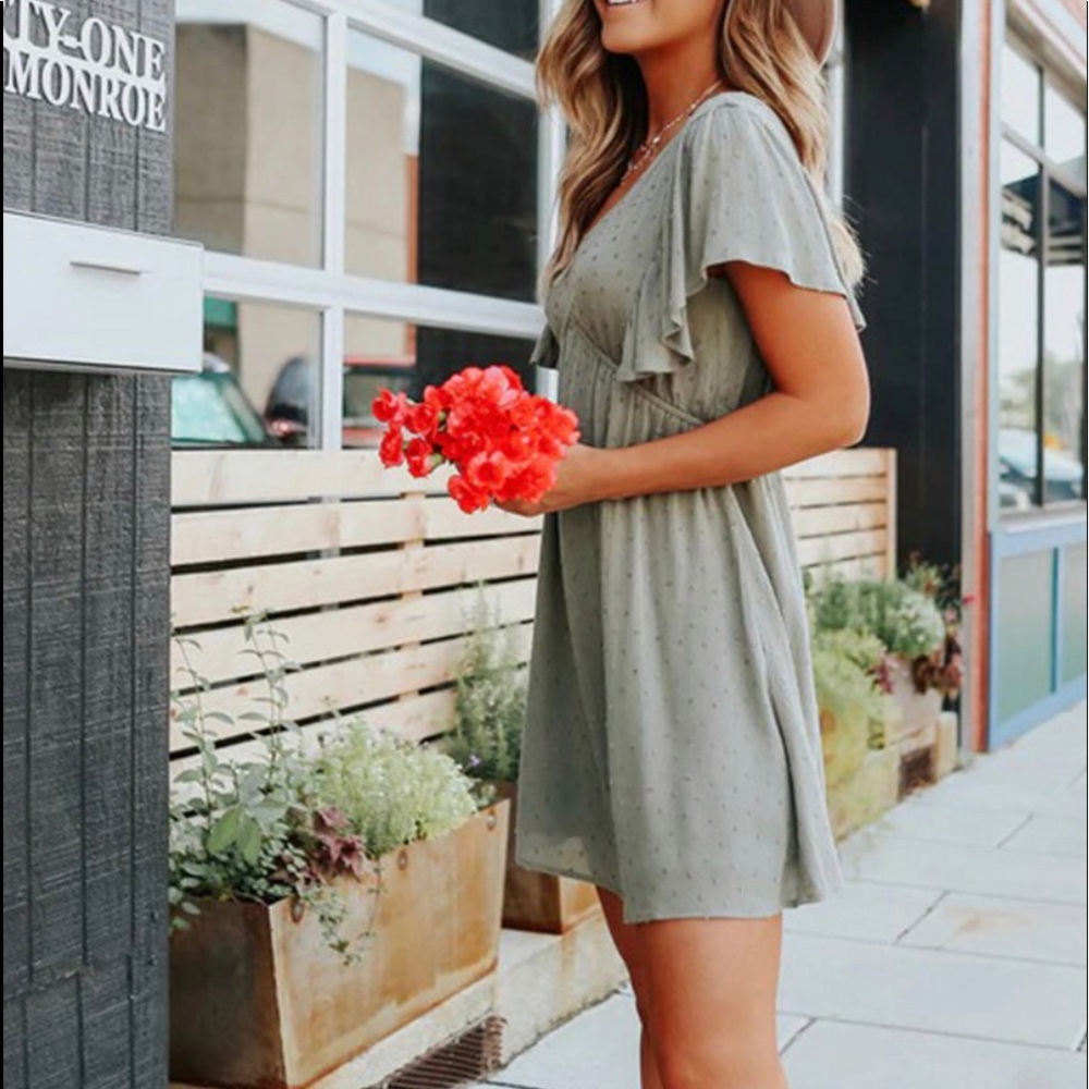 Womens olive v neck dotted empire dress